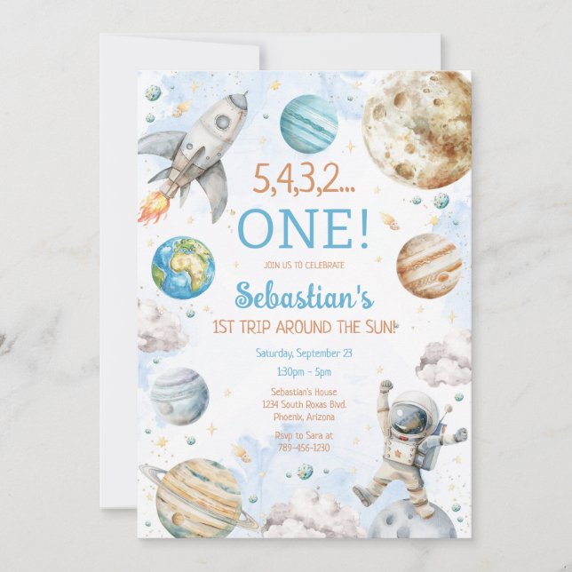 Outer Space First Trip Around The Sun 1st Birthday Invitation (Front)