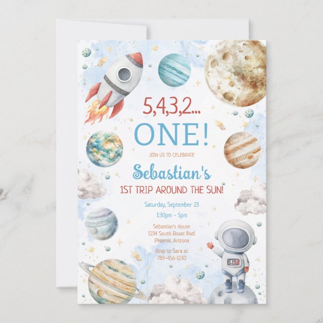 Outer Space First Trip Around The Sun 1st Birthday Invitation (Front)