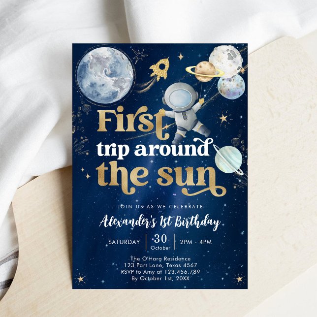 Outer Space First Trip Around the Sun 1st Birthday Invitation (Creator Uploaded)
