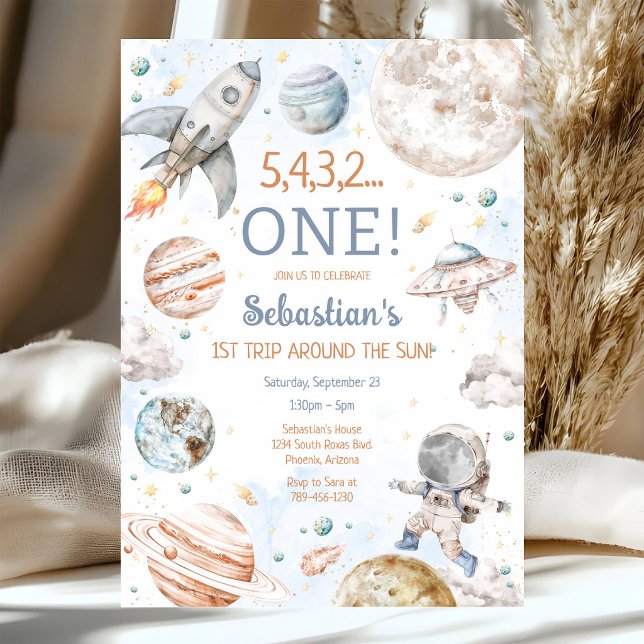 Outer Space First Trip Around The Sun 1st Birthday Invitation (Creator Uploaded)