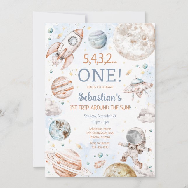 Outer Space First Trip Around The Sun 1st Birthday Invitation (Front)