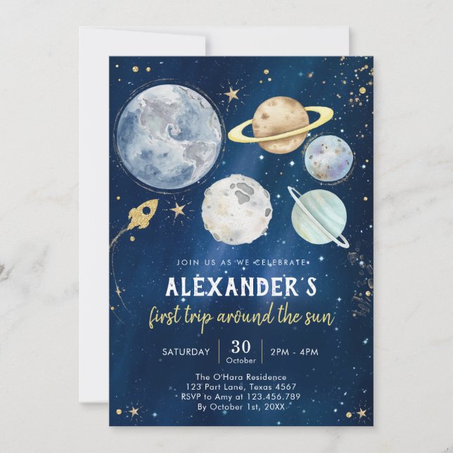 Outer Space First Trip Around the Sun 1st Birthday Invitation (Front)