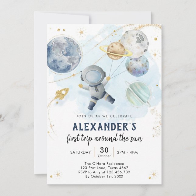 Outer Space First Trip Around the Sun 1st Birthday Invitation (Front)