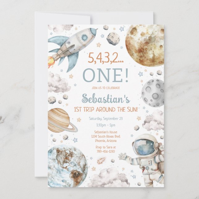 Outer Space First Trip Around The Sun 1st Birthday Invitation (Front)