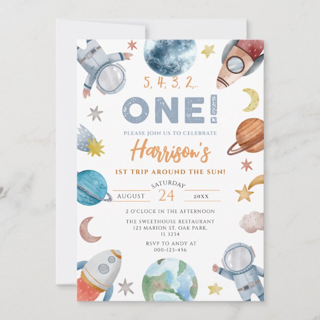 Outer Space First Trip Around the Sun Birthday Invitation (Front)