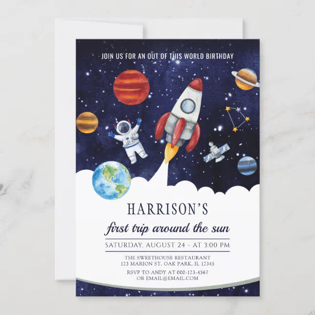 Outer Space First Trip Around The Sun Birthday Invitation | Zazzle