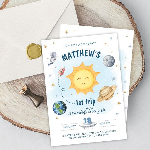 Outer Space First Trip Around the Sun Boy Birthday Invitation