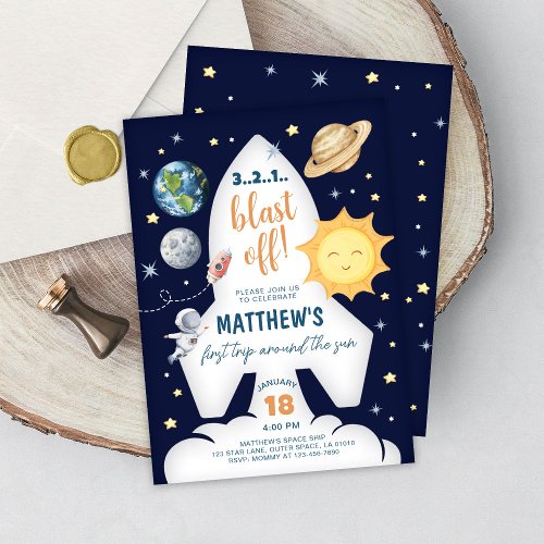 Outer Space First Trip Around the Sun Boy Birthday Invitation
