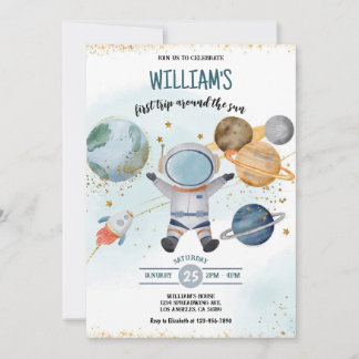 Outer Space First Trip Around the Sun Boy Birthday Invitation