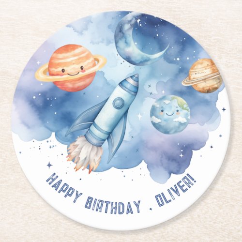 Outer Space First trip around the sun Boy birthday Round Paper Coaster