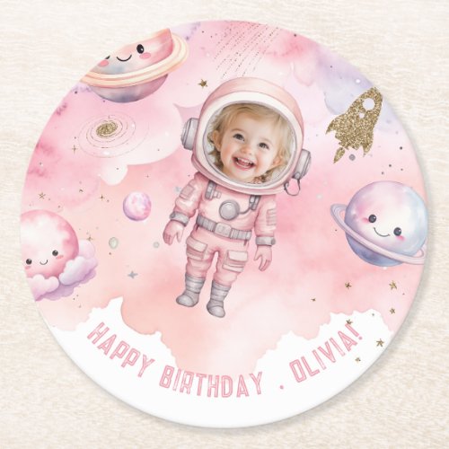 Outer Space First trip around the sun Gir birthday Round Paper Coaster