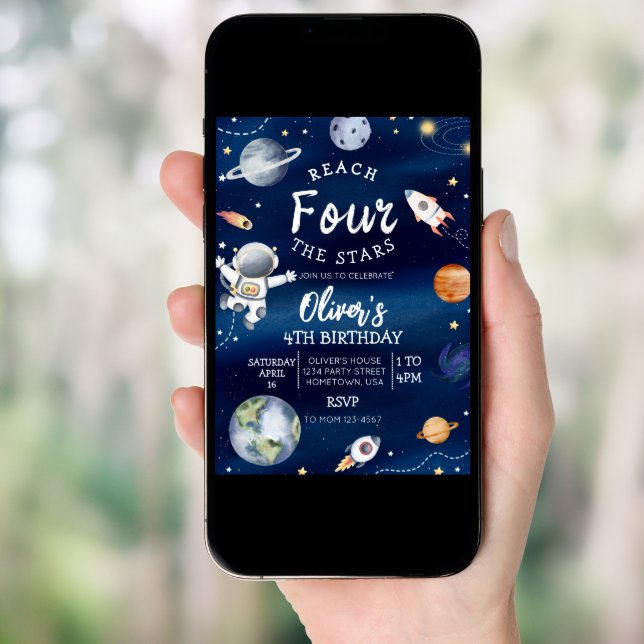 Outer Space Fourth Birthday Invitation Reach Four  (Front Digital)