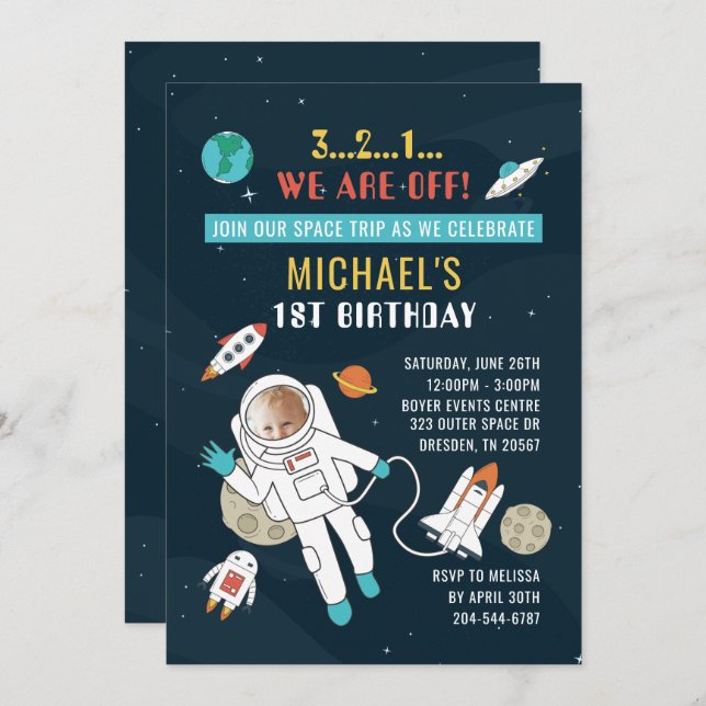 Outer Space Future Astronaut 1st Birthday Photo Invitation (Front/Back)