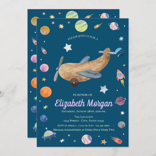 Outer Space Galaxy Airplane Toy Baby Shower  Invitation