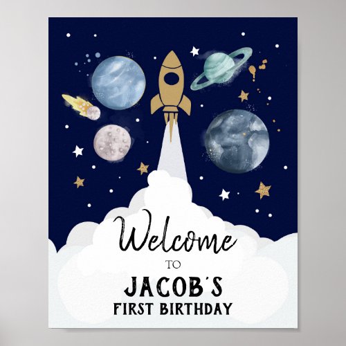 Outer Space Galaxy Astronaut Boy Birthday Welcome  Poster