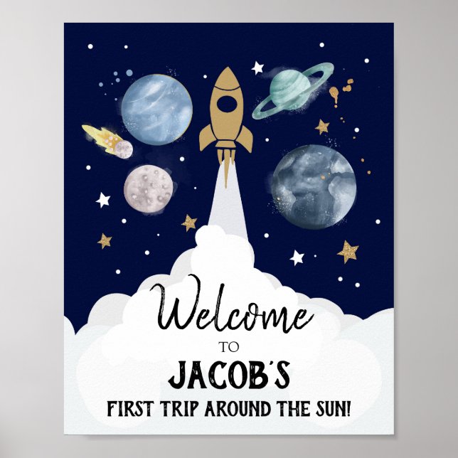 Outer Space Galaxy Astronaut Boy Birthday Welcome  Poster (Front)
