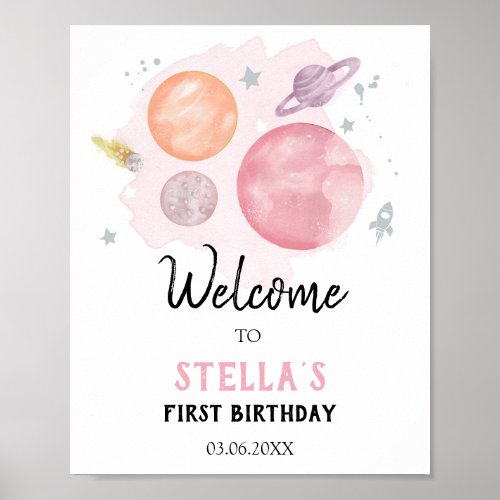 Outer Space Galaxy Astronaut Girl Birthday Welcome Poster