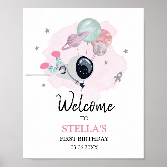 Outer Space Galaxy Astronaut Girl Birthday Welcome Poster (Front)