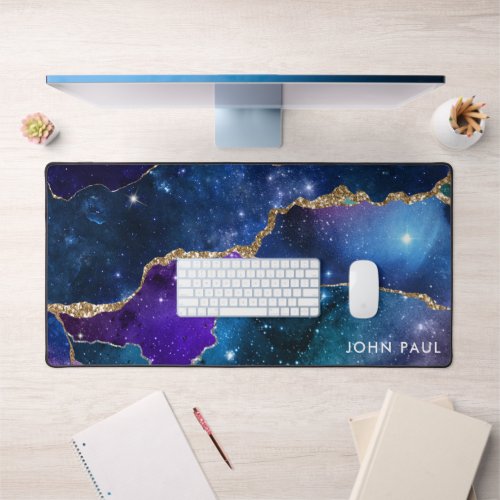 Outer Space Galaxy Gold Glitter Agate Geode Name Desk Mat