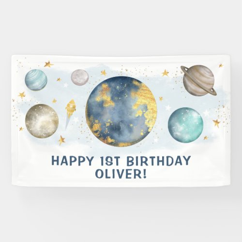 Outer Space Galaxy Moon Stars Happy Birthday Party Banner
