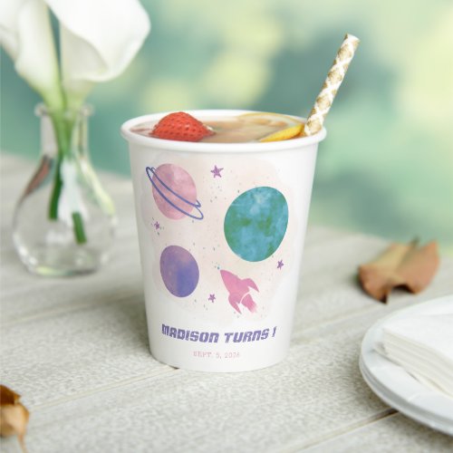 Outer Space Galaxy Planet Girl 1st Birthday Paper Cups