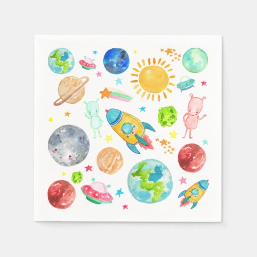 Outer Space Galaxy Planet Rocketship Alien Stars Napkins