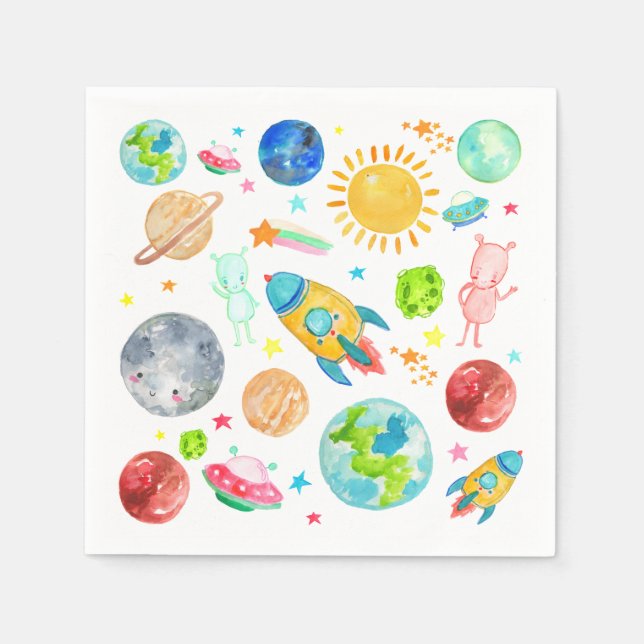 Outer Space Galaxy Planet Rocketship Alien Stars Napkins (Front)