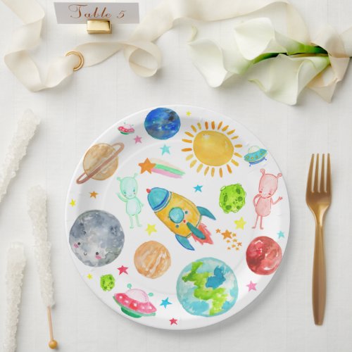 Outer Space Galaxy Planet Rocketship Alien Stars Paper Plates