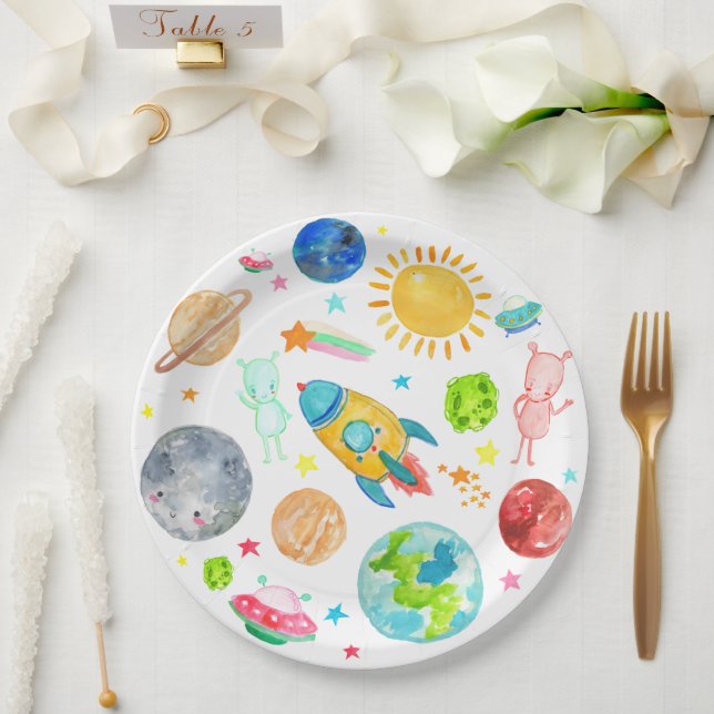 Outer Space Galaxy Planet Rocketship Alien Stars Paper Plates (Wedding)