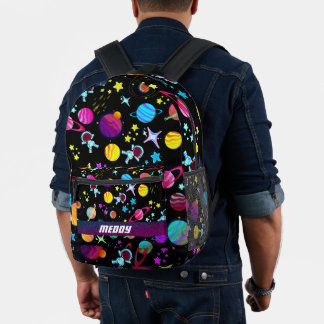 outer space galaxy planets colour black printed backpack