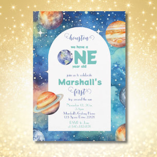 Outer Space Galaxy Planets First Birthday Party Invitation