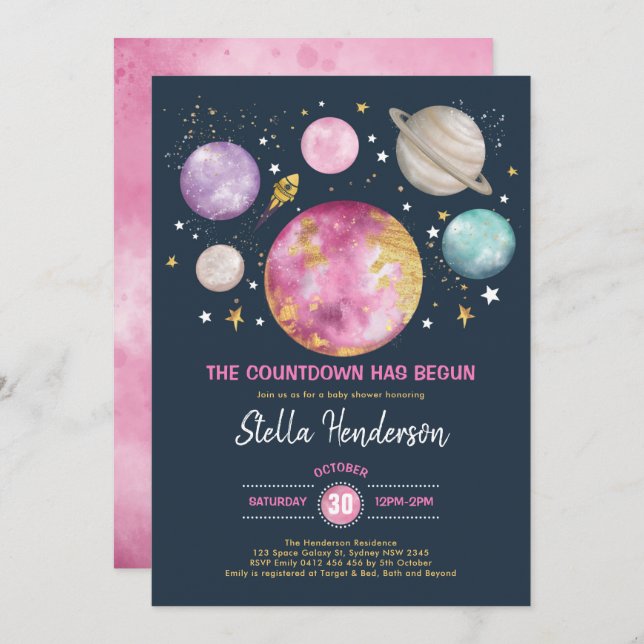 Outer Space Girl Baby Shower Moon Stars Galaxy Inv Invitation (Front/Back)