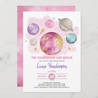 Watercolor Purple and Pink baby shower invitation with Galaxy, Moon and planets