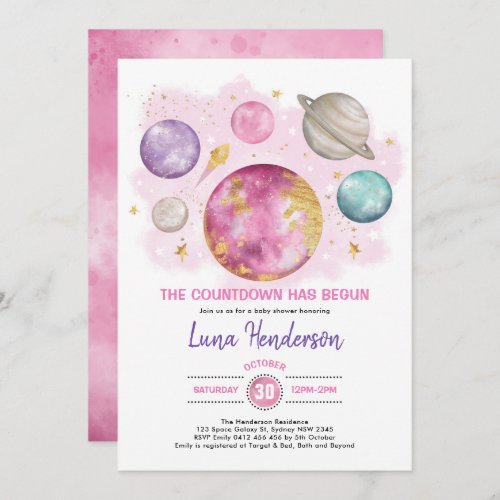 Outer Space Girl Baby Shower Moon Stars Galaxy Invitation