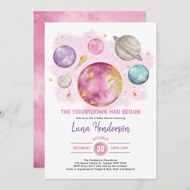 Outer Space Girl Baby Shower Moon Stars Galaxy Invitation (Front/Back)