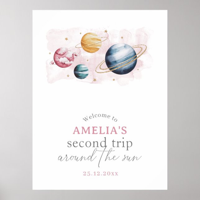 Outer Space Girl Birthday Galaxy Planets Welcome Poster (Front)