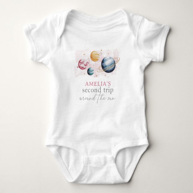 Outer Space Girl Birthday Galaxy Stars Planets Baby Bodysuit (Front)