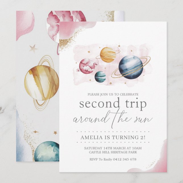 Outer Space Girl Birthday Galaxy Stars Planets Invitation (Front/Back)