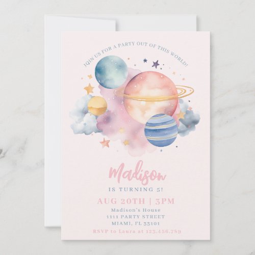 Outer Space Girl Birthday Planets Stars Pink Invitation