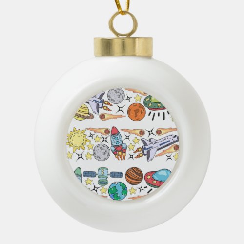 Outer Space Hand_Drawn Vintage Doodles Ceramic Ball Christmas Ornament