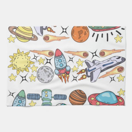 Outer Space Hand_Drawn Vintage Doodles Kitchen Towel