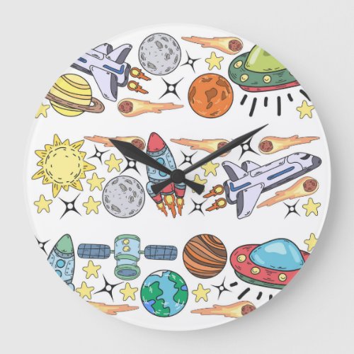 Outer Space Hand_Drawn Vintage Doodles Large Clock