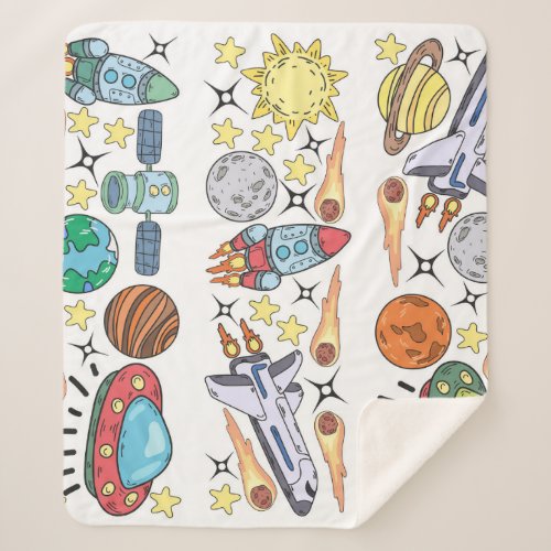 Outer Space Hand_Drawn Vintage Doodles Sherpa Blanket