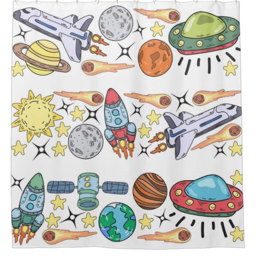 Outer Space Hand_Drawn Vintage Doodles Shower Curtain