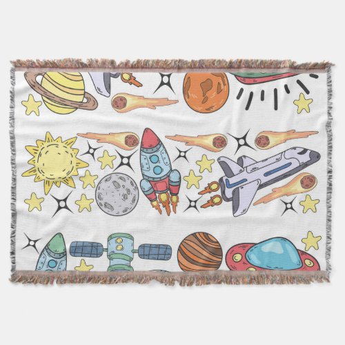 Outer Space Hand_Drawn Vintage Doodles Throw Blanket