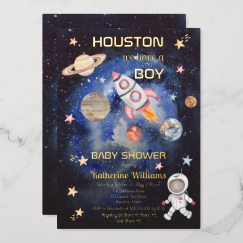 Outer Space Houston We Have a Boy Baby Shower Foil Invitation