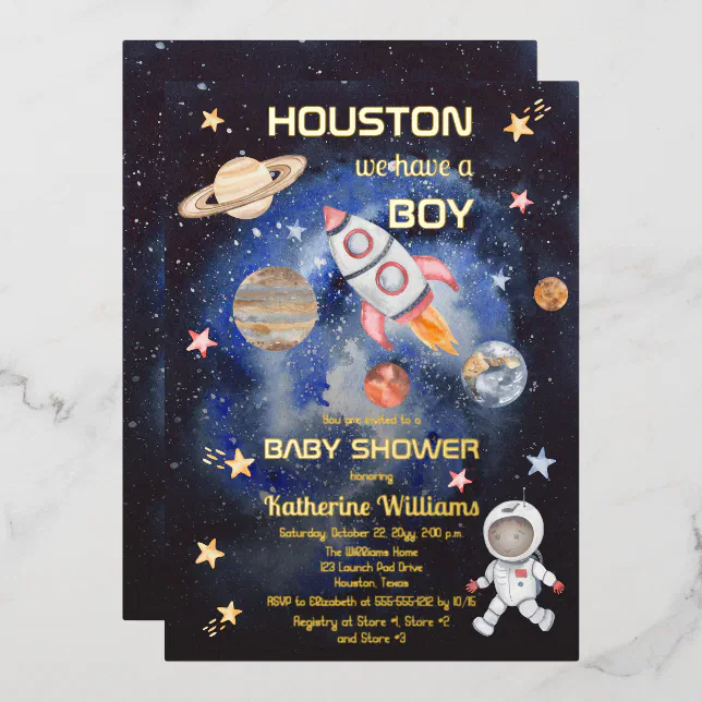 Outer Space Houston We Have a Boy Baby Shower Foil Invitation Zazzle