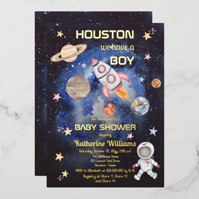 Outer Space Houston We Have a Boy Baby Shower Foil Invitation (Front/Back)