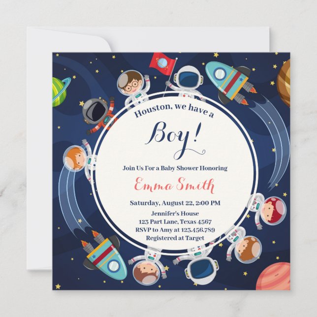 Outer Space Houston We Have A Boy Baby Shower Invitation (Front)