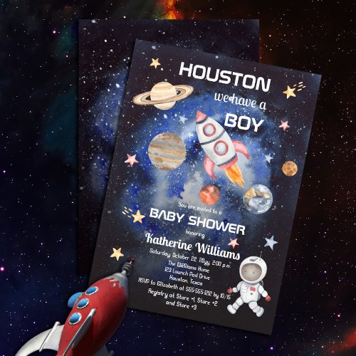 Outer Space Houston We Have a Boy Baby Shower Invitation